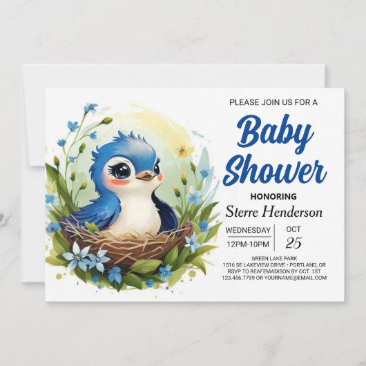 Schattige blauw Elegant Bird Boy Baby shower Kaart (Voorkant)