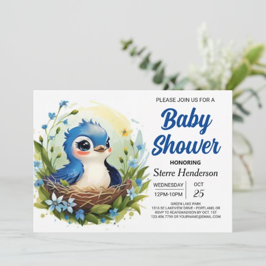 Schattige blauw Elegant Bird Boy Baby shower Kaart (Staand voorkant)