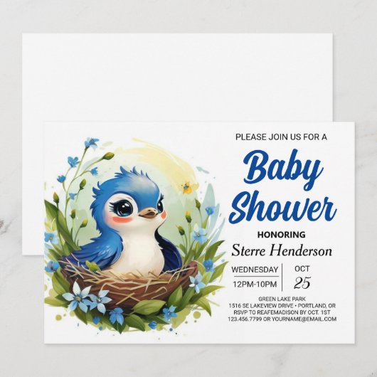 Schattige blauw Elegant Bird Boy Baby shower Kaart (Voorkant / Achterkant)