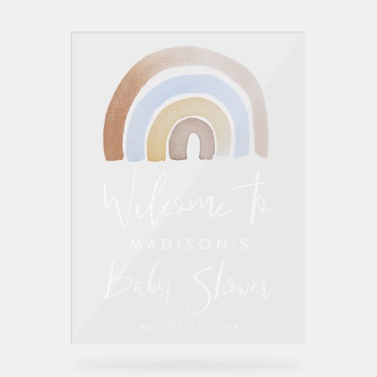Schattige Blauw en Bruin Regenboog Baby shower Wel Acryl Bord (Voorkant)