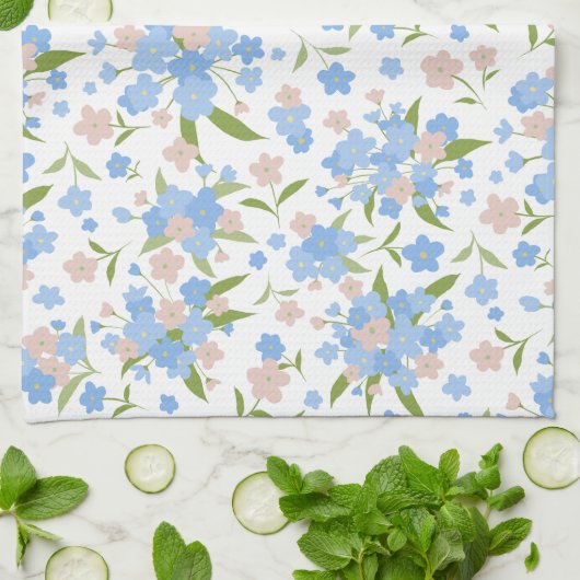 Schattige Blauw en Roze Bloemen Keukenhanddoek (Gevouwen)