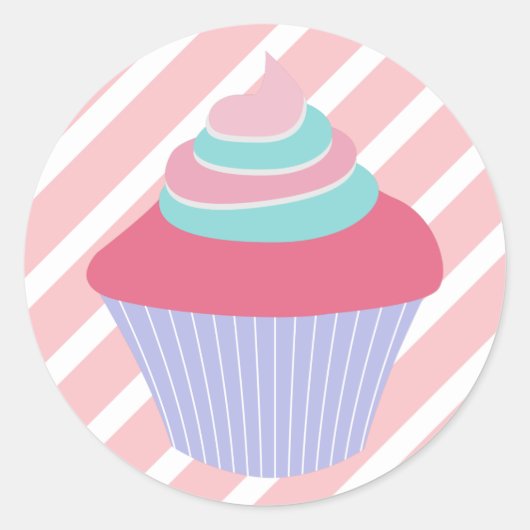 Schattige Blauw en Roze Cupcake met Strepen Ronde Sticker (Voorkant)