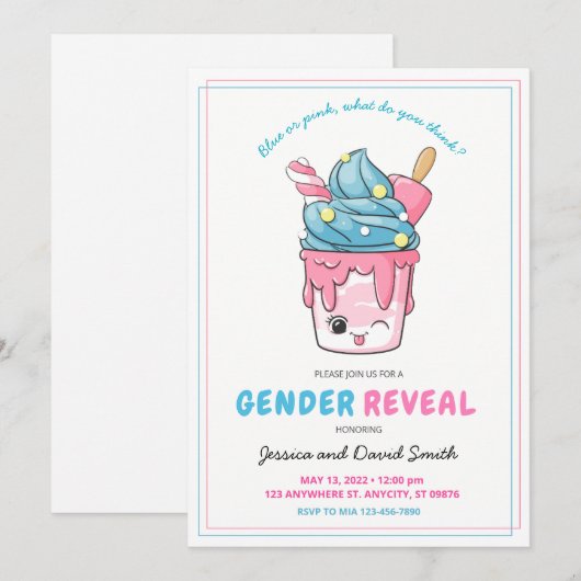 Schattige blauw en roze ijsje zondag genderonthull kaart (Voorkant / Achterkant)