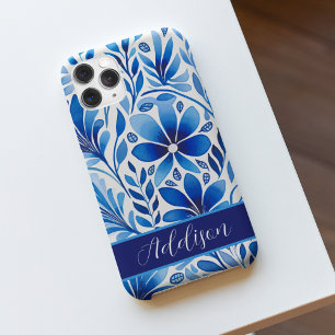 Schattige blauw en wit folk bloemmotief iPhone 15 pro max hoesje