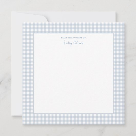 Schattige blauw en wit gingham square baby boy bedankkaart (Voorkant)