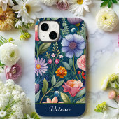 Schattige blauw Floral Wildflower monogram Case-Mate iPhone Case