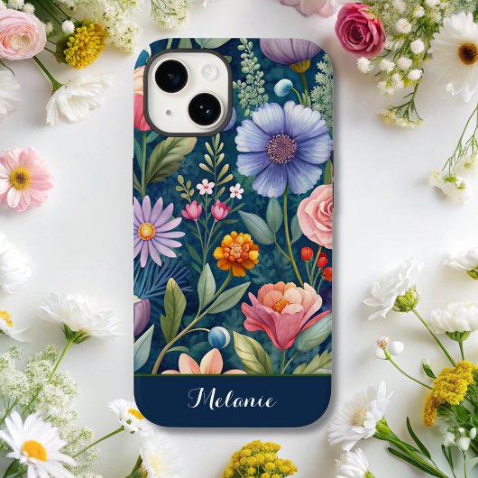 Schattige blauw Floral Wildflower monogram Case-Mate iPhone Case