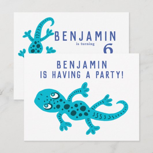 Schattige blauw gekko hagedis verjaardagsfeestje uitnodiging briefkaart (Voorkant / Achterkant)