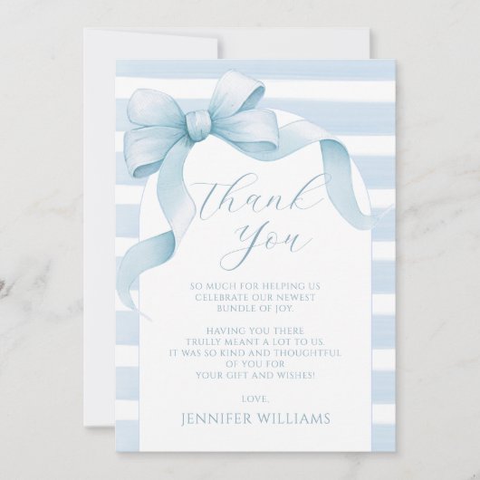Schattige Blauw Gestreepte Bow Ribbon Baby Boy Sho Bedankkaart (Voorkant)