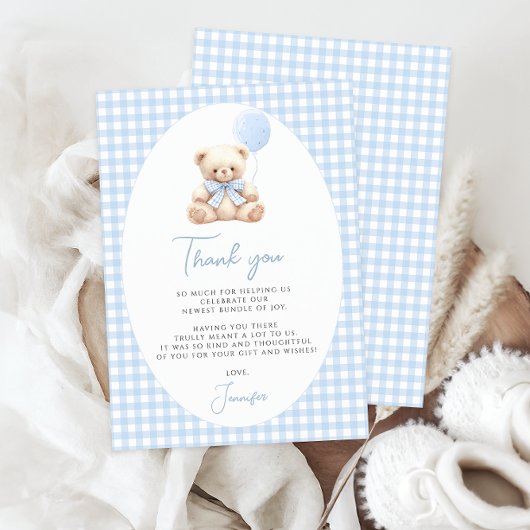 Schattige blauw gingham boog lint baby shower bedankkaart