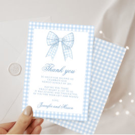 Schattige blauw gingham boog lint baby shower bedankkaart