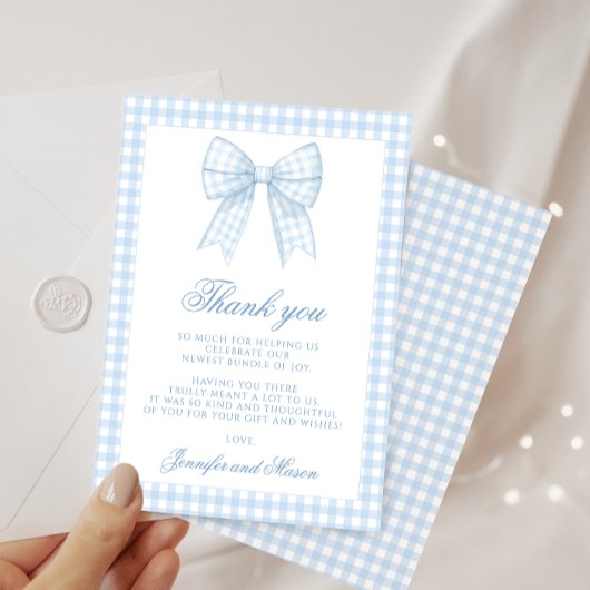 Schattige blauw gingham boog lint baby shower bedankkaart