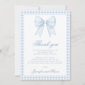Schattige blauw gingham boog lint baby shower bedankkaart (Voorkant)