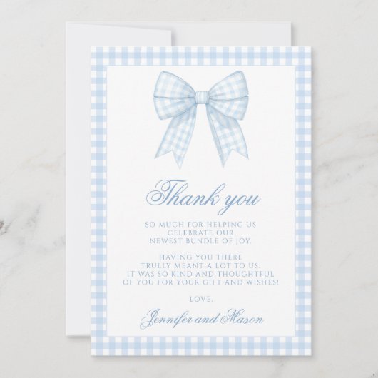 Schattige blauw gingham boog lint baby shower bedankkaart (Voorkant)
