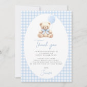 Schattige blauw gingham boog lint baby shower bedankkaart (Voorkant)