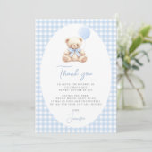 Schattige blauw gingham boog lint baby shower bedankkaart (Staand voorkant)