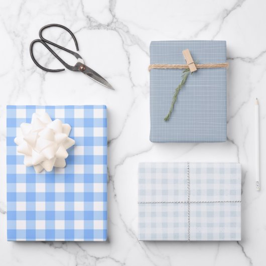 Schattige blauw gingham en stippen eenvoudige klas inpakpapier vel (Voorkant)