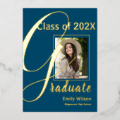 Schattige Blauw Goud Foto 2024 Afstuderen Aankondi Folie Uitnodiging (Voorkant)