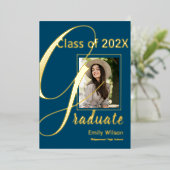 Schattige Blauw Goud Foto 2024 Afstuderen Aankondi Folie Uitnodiging (Staand Voorkant)