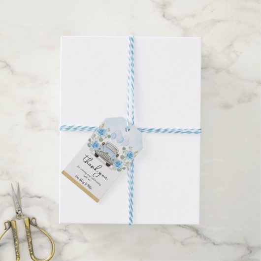 Schattige Blauw Gouden Auto Bloemen Avontuur Baby  Cadeaulabel (Met Touw)