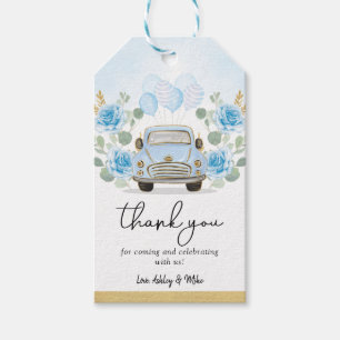 Schattige Blauw Gouden Auto Bloemen Avontuur Baby Cadeaulabel