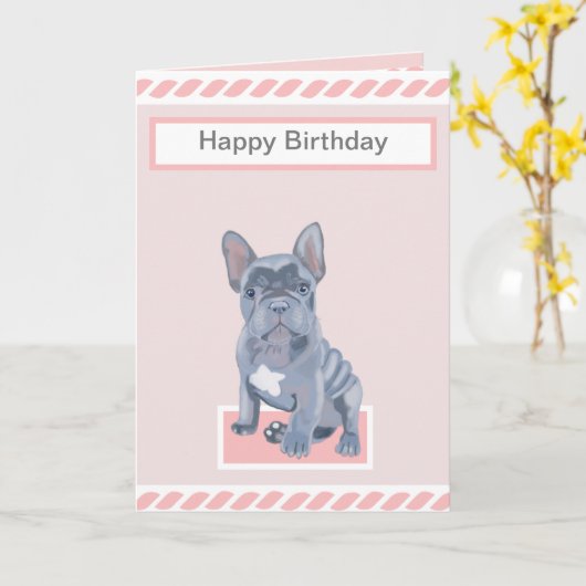Schattige Blauw Grijs Franse Bulldog Puppy Kaart (Gele Bloem)