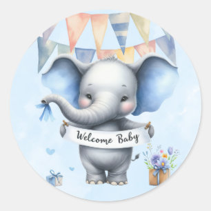 Schattige blauw grijs olifant welkom baby boy show ronde sticker