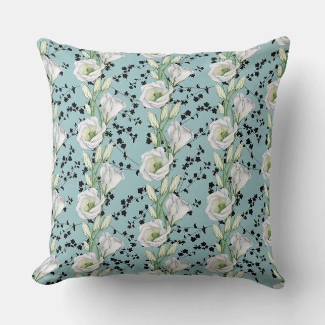 Schattige blauw grillig zwart-wit bloemenpatroon kussen (Voorkant)