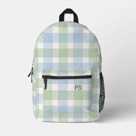 Schattige Blauw Groen Check Plaid Monogram Initial Bedrukte Rugzak (Voorkant)