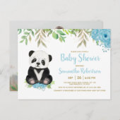 Schattige Blauw Groen Jongen Panda Baby shower Fot Uitnodiging Briefkaart (Voorkant / Achterkant)
