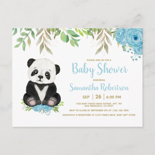 Schattige Blauw Groen Jongen Panda Baby shower Fot Uitnodiging Briefkaart (Voorkant)