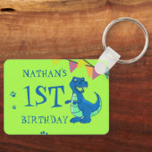 Schattige Blauw Groen Poot Dinosaurus Thema Verjaa Sleutelhanger (Voorkant)