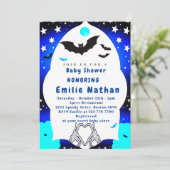 Schattige blauw Halloween baby shower Uitnodiging (Staand voorkant)