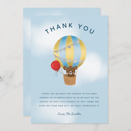 Schattige Blauw Hete Luchtballon Baby shower Bedankkaart (Voorkant / Achterkant)