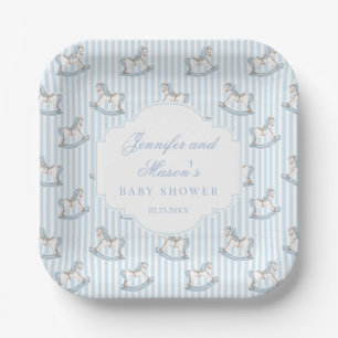 Schattige blauw houten schommelpaard baby boy douc papieren bordje