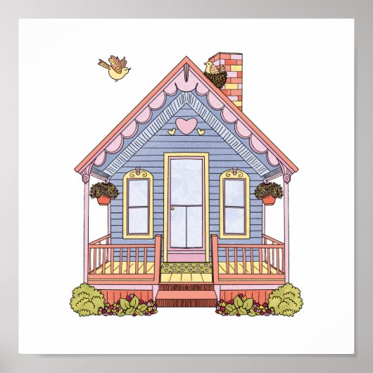 Schattige blauw huis poster (Voorkant)