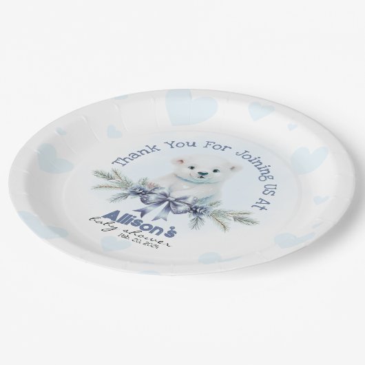 Schattige Blauw Jongen Beer Cub Hearts Winter Baby Papieren Bordje (Gekanteld)