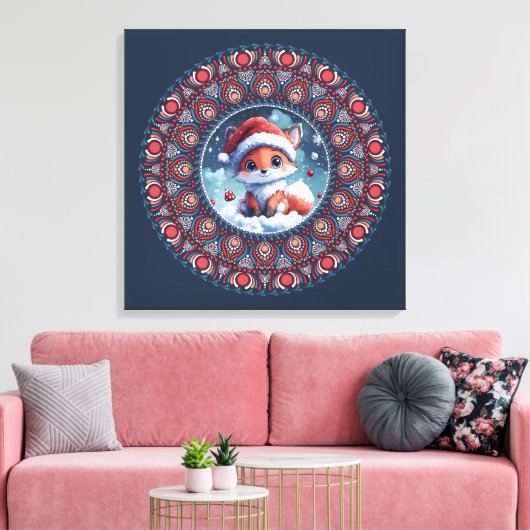 Schattige Blauw Kerst Kawaii Fox Dot Mandala Canva Canvas Afdruk (Insitu (Woonkamer))