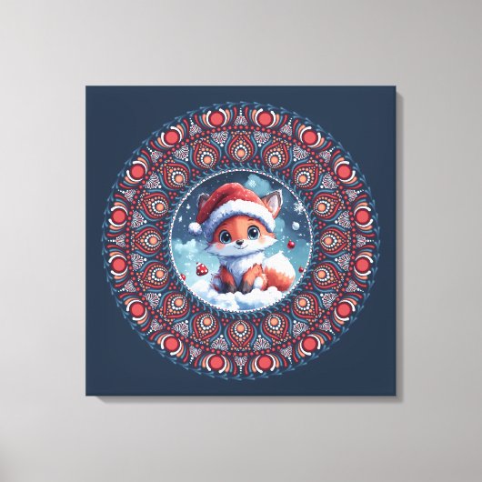 Schattige Blauw Kerst Kawaii Fox Dot Mandala Canva Canvas Afdruk (Voorkant)