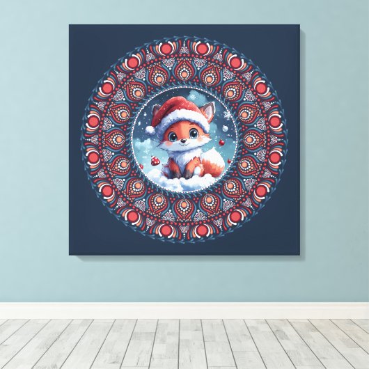 Schattige Blauw Kerst Kawaii Fox Dot Mandala Canva Canvas Afdruk (Insitu (Houten vloer))