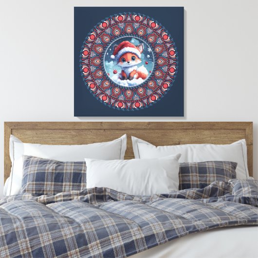 Schattige Blauw Kerst Kawaii Fox Dot Mandala Canva Canvas Afdruk (Insitu (Slaapkamer))