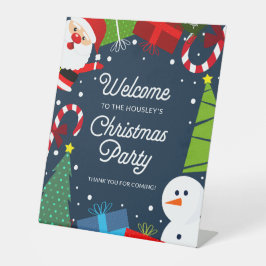 Schattige Blauw Kerstfeest Santa & Sneeuwman Reclamebord Met Voetstuk