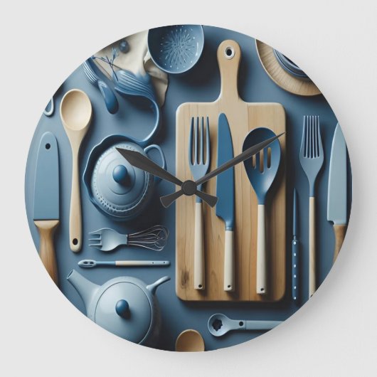 Schattige blauw keukengerei esthetisch behang grote klok (Voorkant)