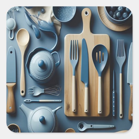 Schattige blauw keukengerei esthetisch behang vierkante sticker (Voorkant)