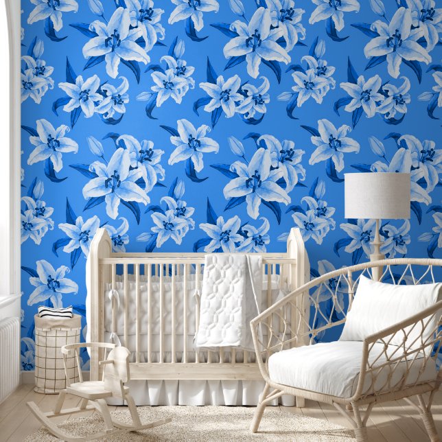 Schattige blauw lelie bloempatroon behang (Kinderen)