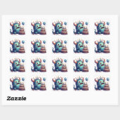 Schattige blauw monster met verjaardagstaart vierkante sticker (Vel)