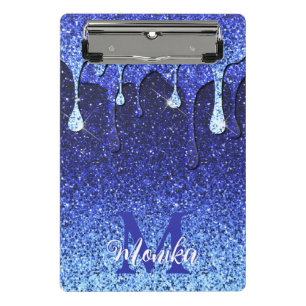 Schattige Blauw Navy Glitter Drips Monogram Mini Klembord