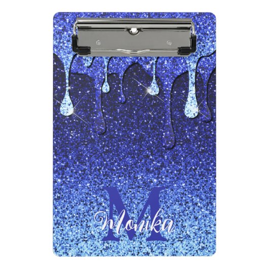 Schattige Blauw Navy Glitter Drips Monogram Mini Klembord (Voorkant)