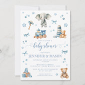 Schattige blauw olifant speelgoed baby boy douche  kaart (Voorkant)