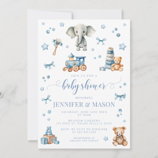 Schattige blauw olifant speelgoed baby boy douche  kaart (Voorkant)